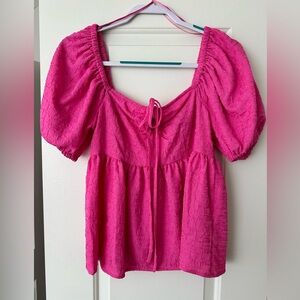 Square Tie Neck Puffed Short Sleeve Top Future Collective - Cherry Pink Size: S